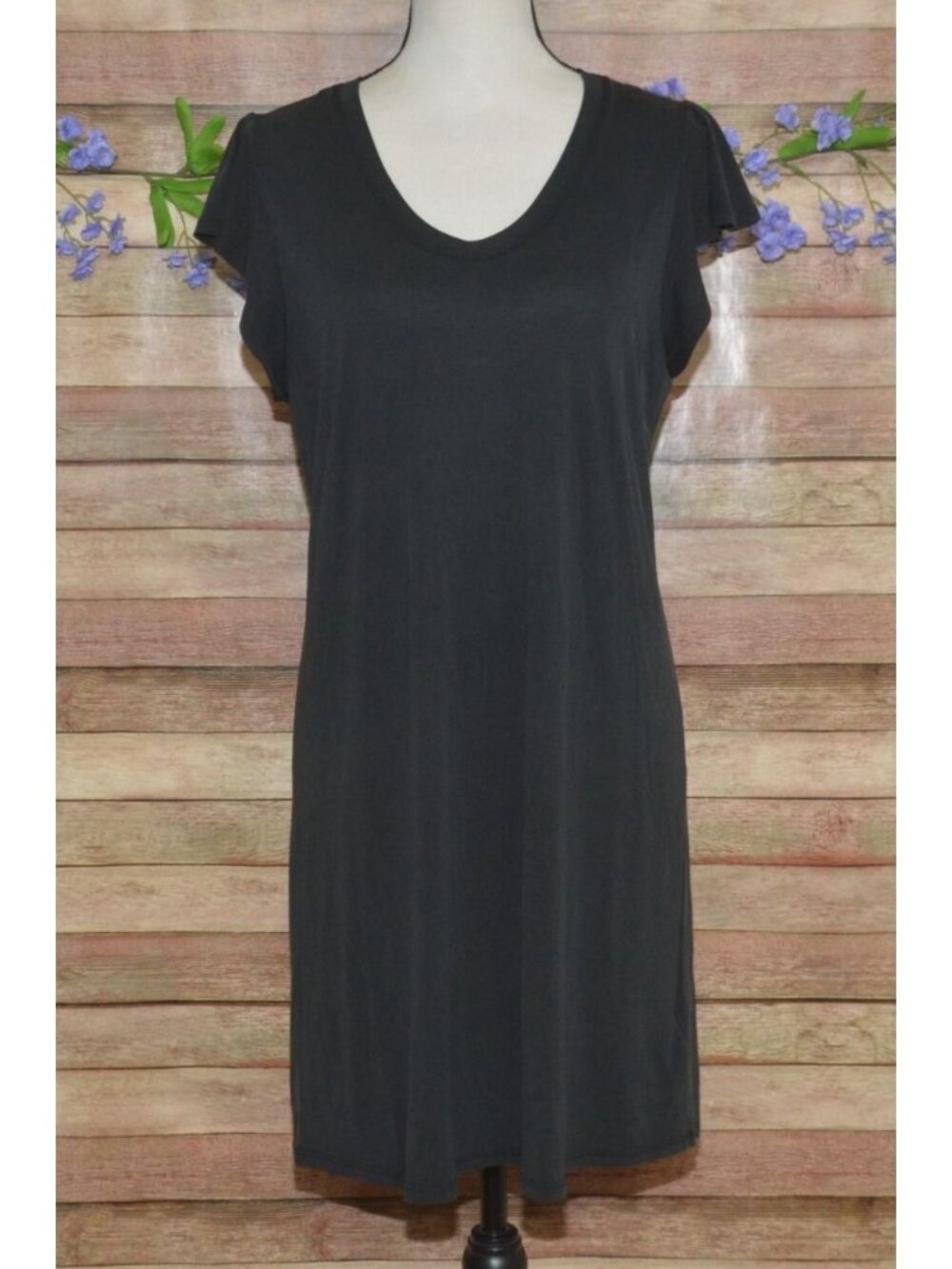 Another Love Black SOFT Modal Shirt Mini Dress Size L Flutter Sleeve Casual